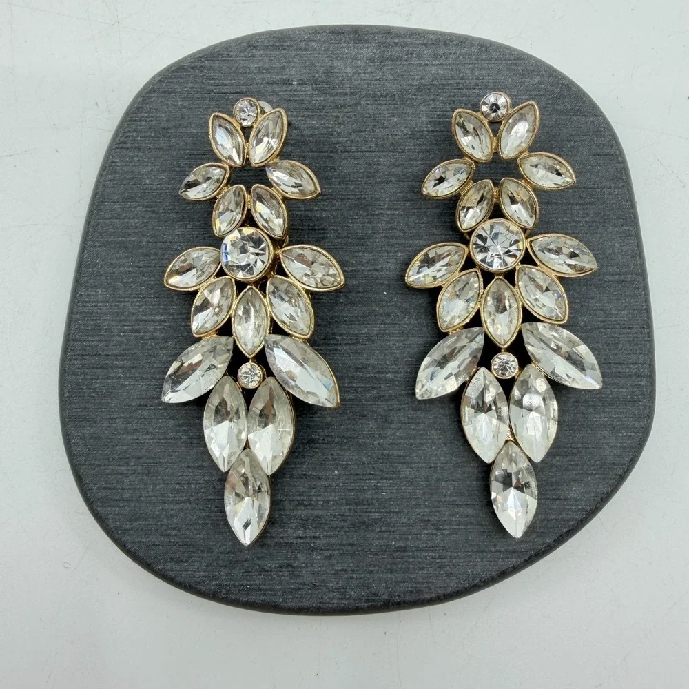 Gold Tone Clear Rhinestone Chandelier Earrings Bridal Statement Jewelry Gift